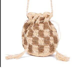 Lu & Elle Woven Checkered Tan and Cream Drawstring Bag new
